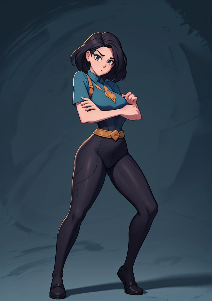 stylized drawing of a woman with exaggerated body proportions. She has a very small waist compared to her significantly larger hips and thighs, creating a highly accentuated hourglass silhouette. Her legs are long and curvaceous, tapering down to smaller ankles. The arms appear slender and are hanging by her sides. The torso is relatively short, with a large bust emphasized by a tight-fitting T-shirt featuring an emblem or logo that resembles a face with parentheses and accent symbols, possibly suggesting a playful or geeky theme, perhaps referencing emoticons used in digital communication. The hands have delicate fingers and are slightly open, as if in a relaxed pose. The art style resembles anime or manga, with clean lines, soft shading, and a lack of intricate details, allowing the focus on the overall form rather than realistic textures or patterns. The color palette consists of soft tones with shadows and highlights that give depth to the figure while maintaining a cartoonish simplicity