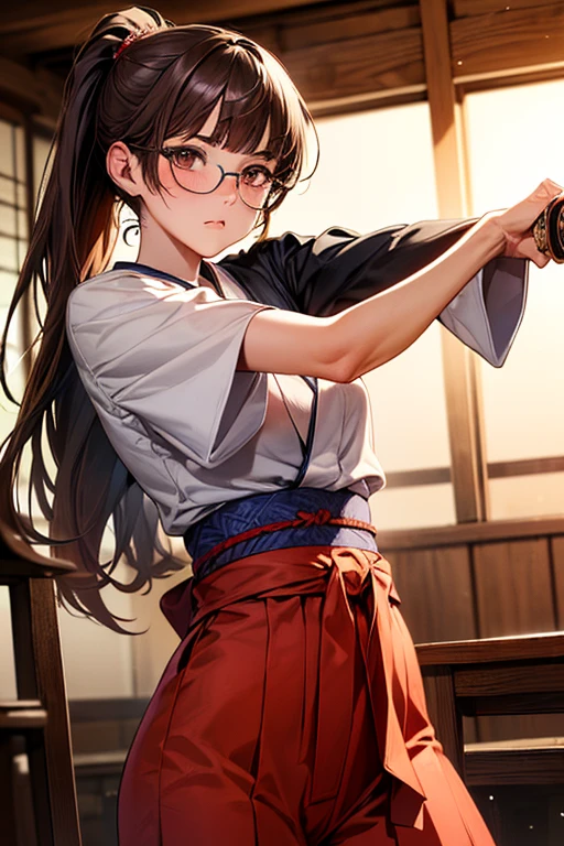 ((Ideal Anatomy:1.2,realistic:1.4,raw photo:1.4,masterpiece、top quality、Ultra - a high resolution、a high resolution、highly detailed computer graphics、8 K))),cowboy shot,1 woman,One、18-year-old beauty,Japanese,((Beautiful detailed face and eyes:1.3,gorgeous eyes:1.3,Brown eyes, Glasses)),Brown hair,long hair,straight hair,hair in ponytail,blunt bangs,blush,(medium breast,slender body,small head:1.2,skinny),(Shiny skin:1.4,oily skin:1.5,Shiny skin)、((holding a Japanese sword in one hand、A detailed depiction of a Japanese sword)),(Cutting fighting pose:1.5)、Kendo uniform、kimono、black hakama、shrine、domesticated、Open、