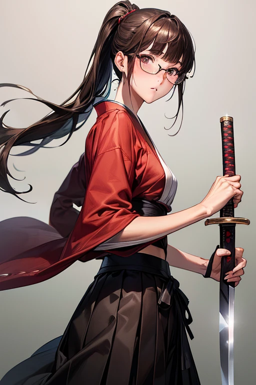 ((Ideal Anatomy:1.2,realistic:1.4,raw photo:1.4,masterpiece、top quality、Ultra - a high resolution、a high resolution、highly detailed computer graphics、8 K))),cowboy shot,1 woman,One、18-year-old beauty,Japanese,((Beautiful detailed face and eyes:1.3,gorgeous eyes:1.3,Brown eyes, Glasses)),Brown hair,long hair,straight hair,hair in ponytail,blunt bangs,blush,(medium breast,slender body,small head:1.2,skinny),(Shiny skin:1.4,oily skin:1.5,Shiny skin)、((holding a Japanese sword in one hand、A detailed depiction of a Japanese sword)),(Cutting fighting pose:1.5)、Kendo uniform、kimono、black hakama、shrine、domesticated、Open、