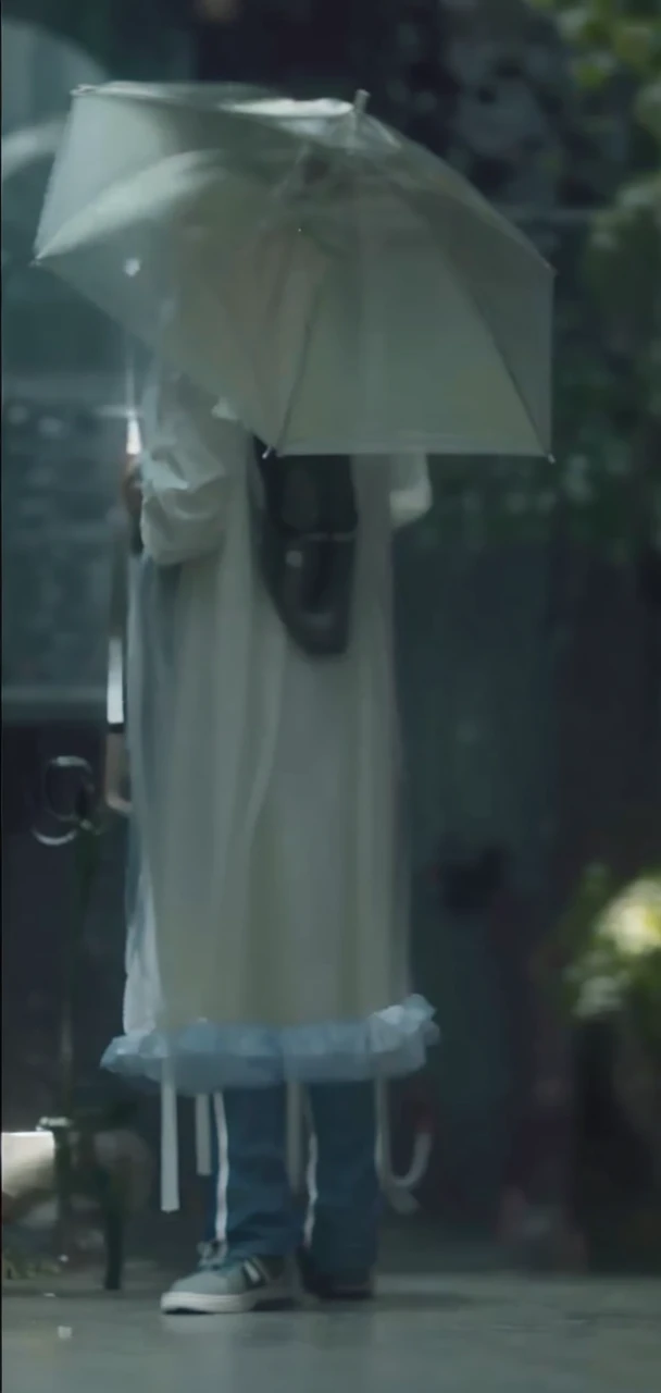 Make it a different AI that looks the same but better graphics, a girl with long hair, seethru/wise rain coat and an umbrella, blue jeans and white sneakers