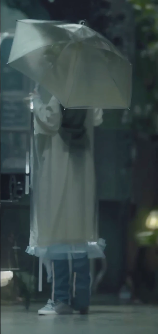 Make it a different AI that looks the same but better graphics, a girl with long hair, seethru/wise rain coat and an umbrella, blue jeans and white sneakers