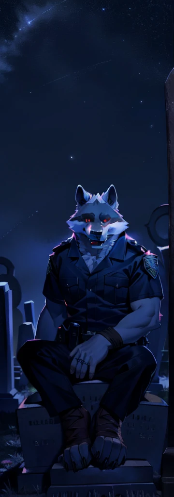 (by null-ghost,by raccoon21,masterpiece,high quality),at night,officer,The cemetery,landslayer,
AND red officer,star,ghost,
AND solo,(male gray wolf),the second,Red eyes,looking at the viewer,Whole body,lobo of la muerte,(sitting on a tombstone:1.4),layer,grave,red officer,of_below,
and fireflies,human skeleton,tombstone,bone,bone pile,