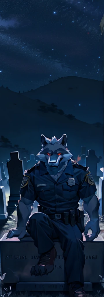 (by null-ghost,by raccoon21,masterpiece,high quality),at night,officer,The cemetery,landslayer,
AND red officer,star,ghost,
AND solo,(male gray wolf),the second,Red eyes,looking at the viewer,Whole body,lobo of la muerte,(sitting on a tombstone:1.4),layer,grave,red officer,of_below,
and fireflies,human skeleton,tombstone,bone,bone pile,