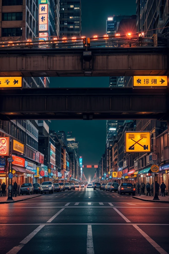 "Capture the essence of a bustling city at night, with a focus on the flow of traffic: headlights painting the streets in soft hues, distant honks blending with the city's hum, and the occasional flash of brake lights signaling a momentary pause in the urban rhythm."