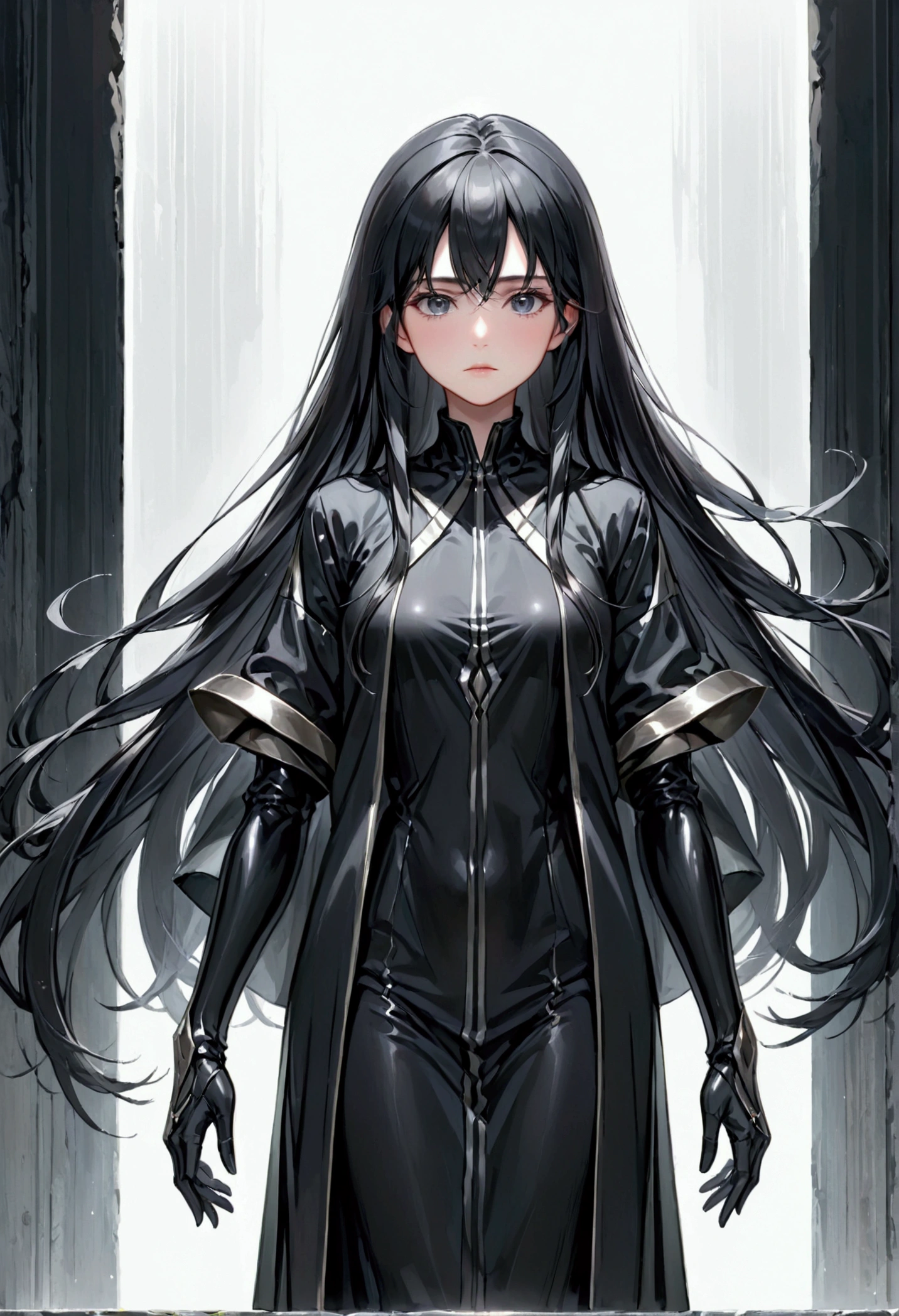 Adult female,long black hair, golden eyes,medium body proportion