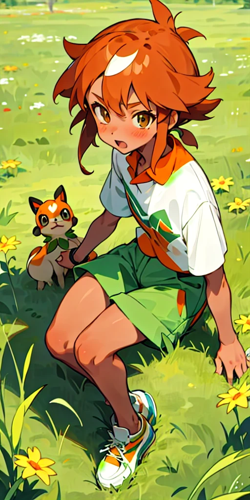 18 year old girl, Orange / Brown hair, Tan skin, Grass type Pokemon trainer, Anime style, Kind, Caring 