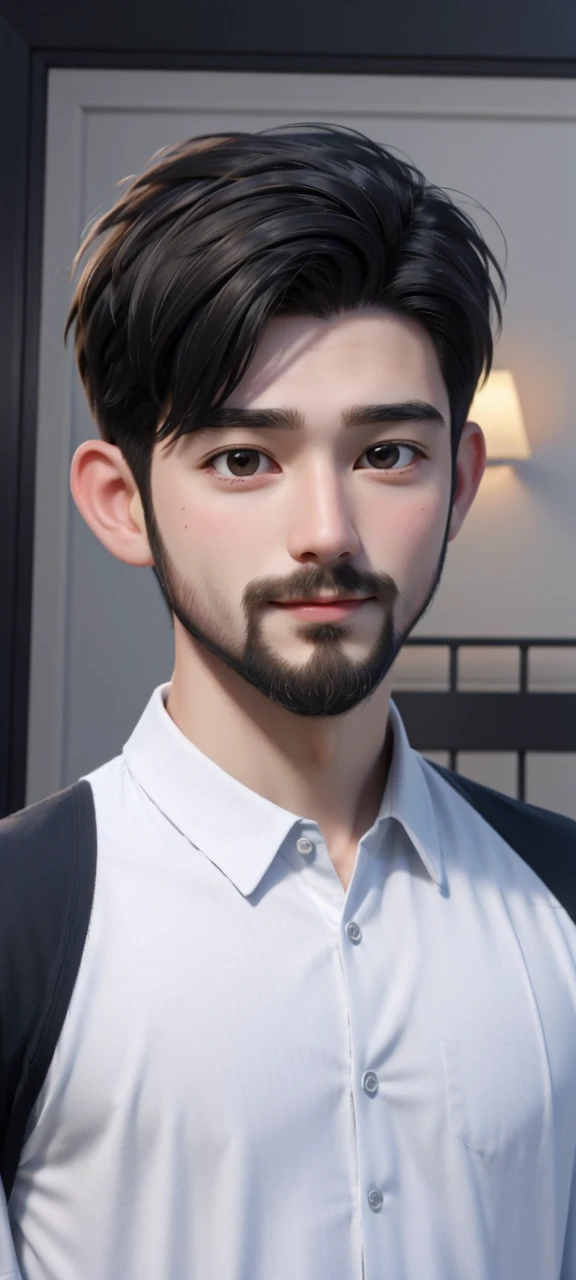 best quality, 25 years old, alone, cartoon portrait, with a short beard, the background is a room with a film set, short hair, Boy holding the camera in the air taking pictures, with a beard on his face