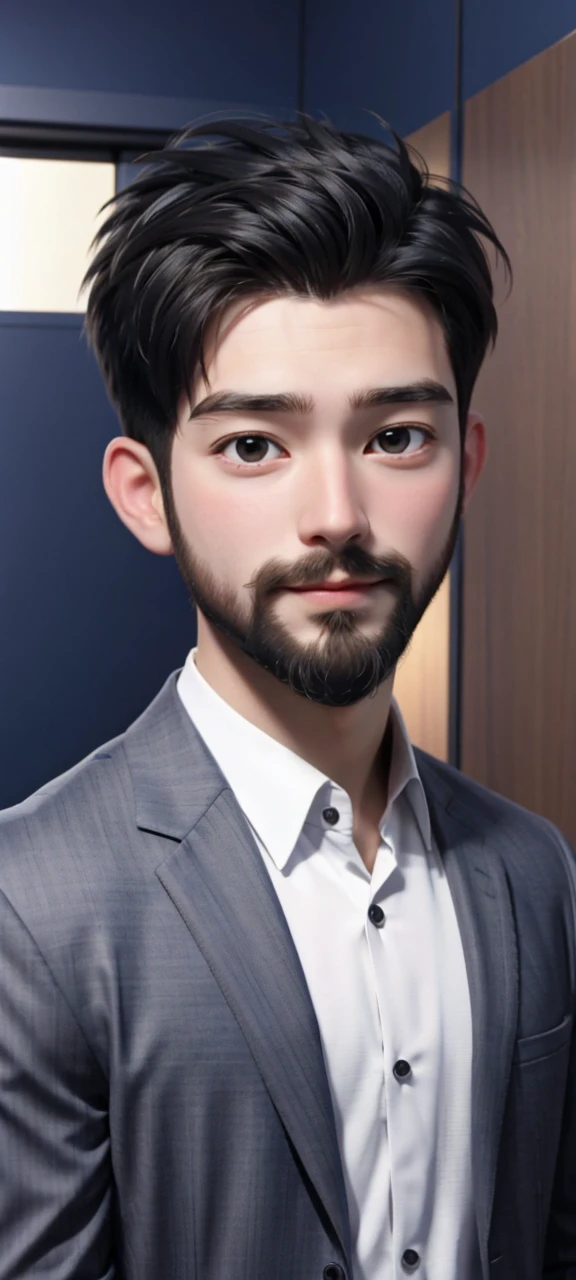 best quality, 25 years old, alone, cartoon portrait, with a short beard, the background is a room with a film set, short hair, Boy holding the camera in the air taking pictures, with a beard on his face