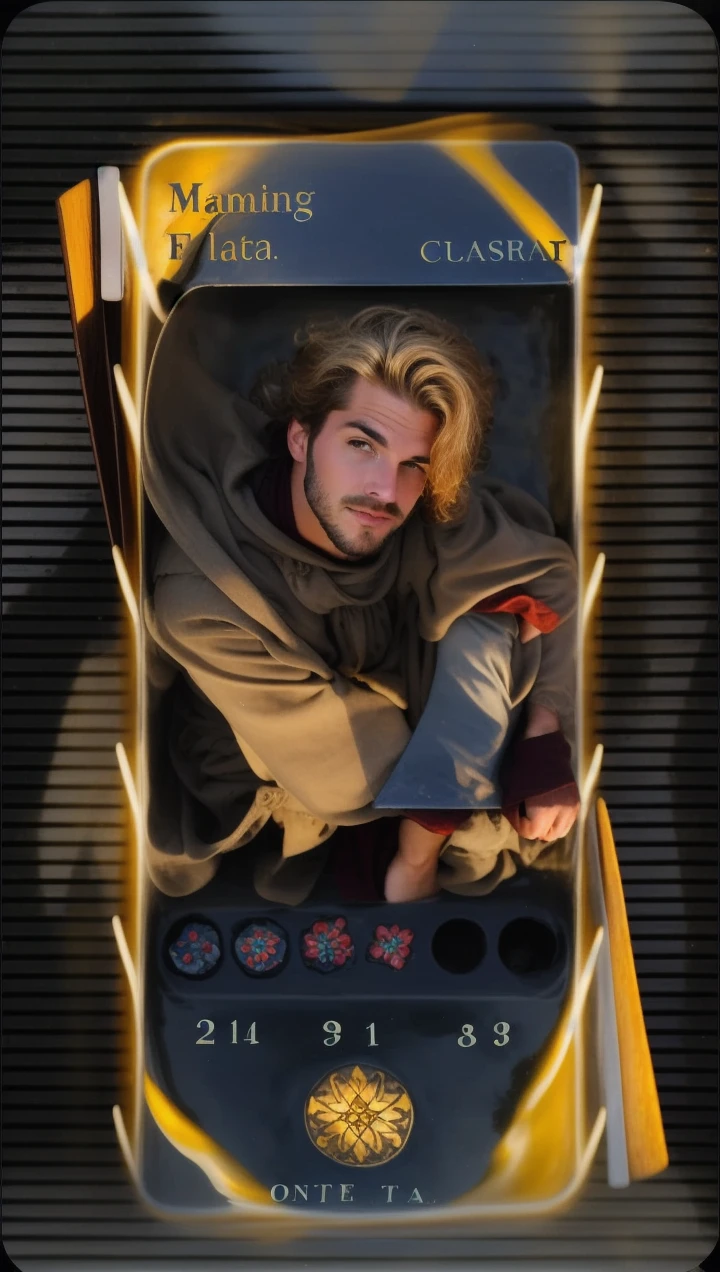 Handsome man sit on the edge of water fontain in medieval town