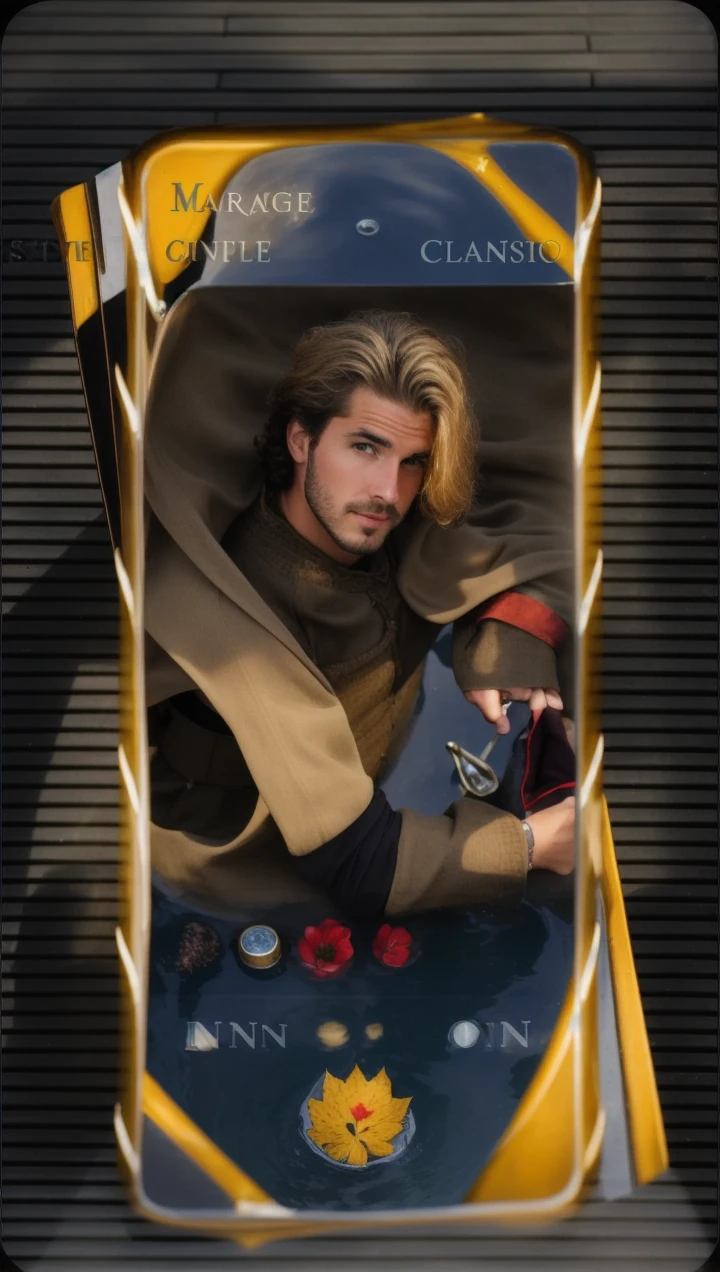 Handsome man sit on the edge of water fontain in medieval town