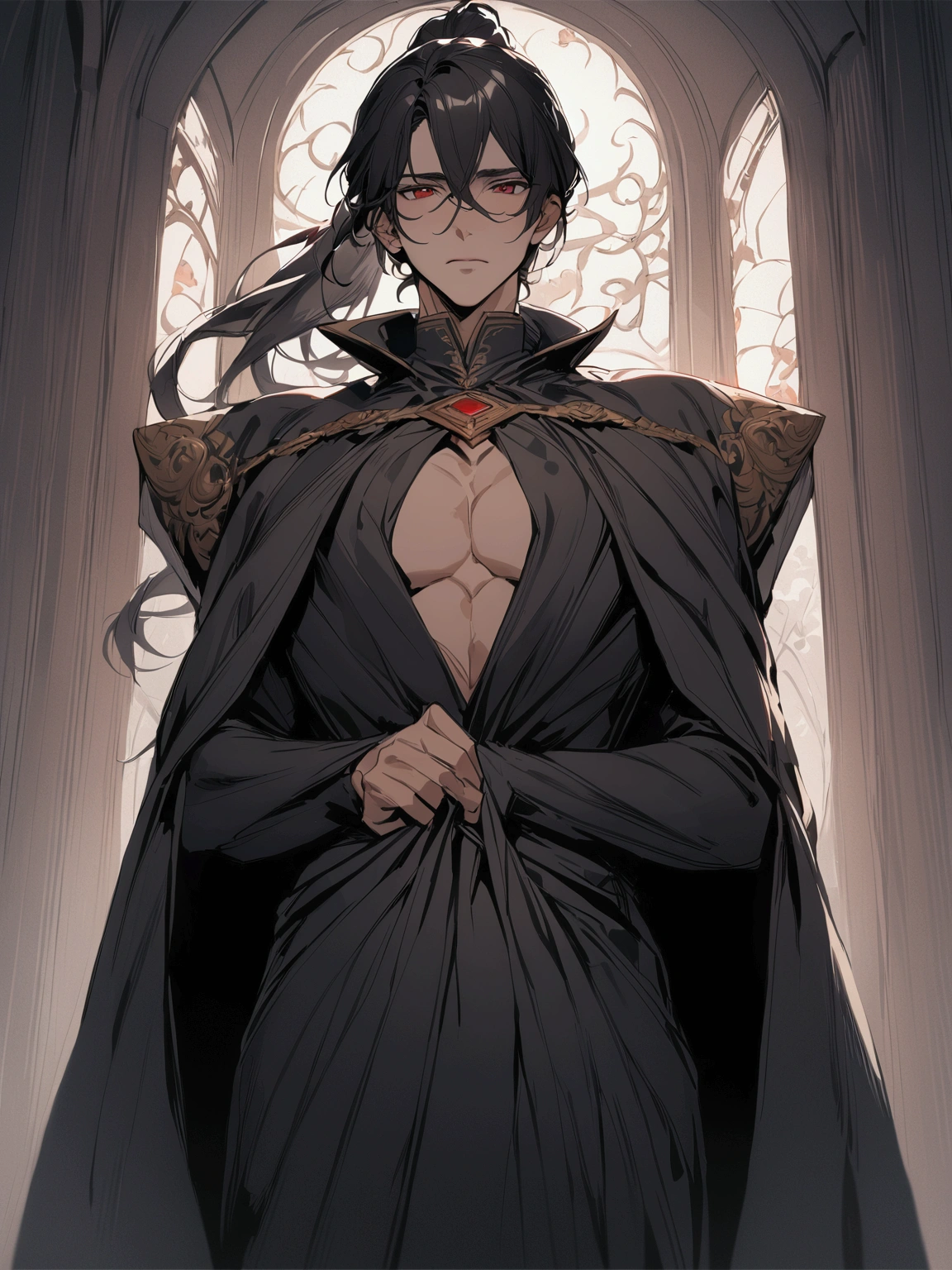 ((masterpiece)), ((best quality)), (from front:1.36), (half-body shot:1.4), 1man, adult male, mature male, solo, ponytail tied long black hair, red eyes, plain royal black cloak covering the body, looking at viewers