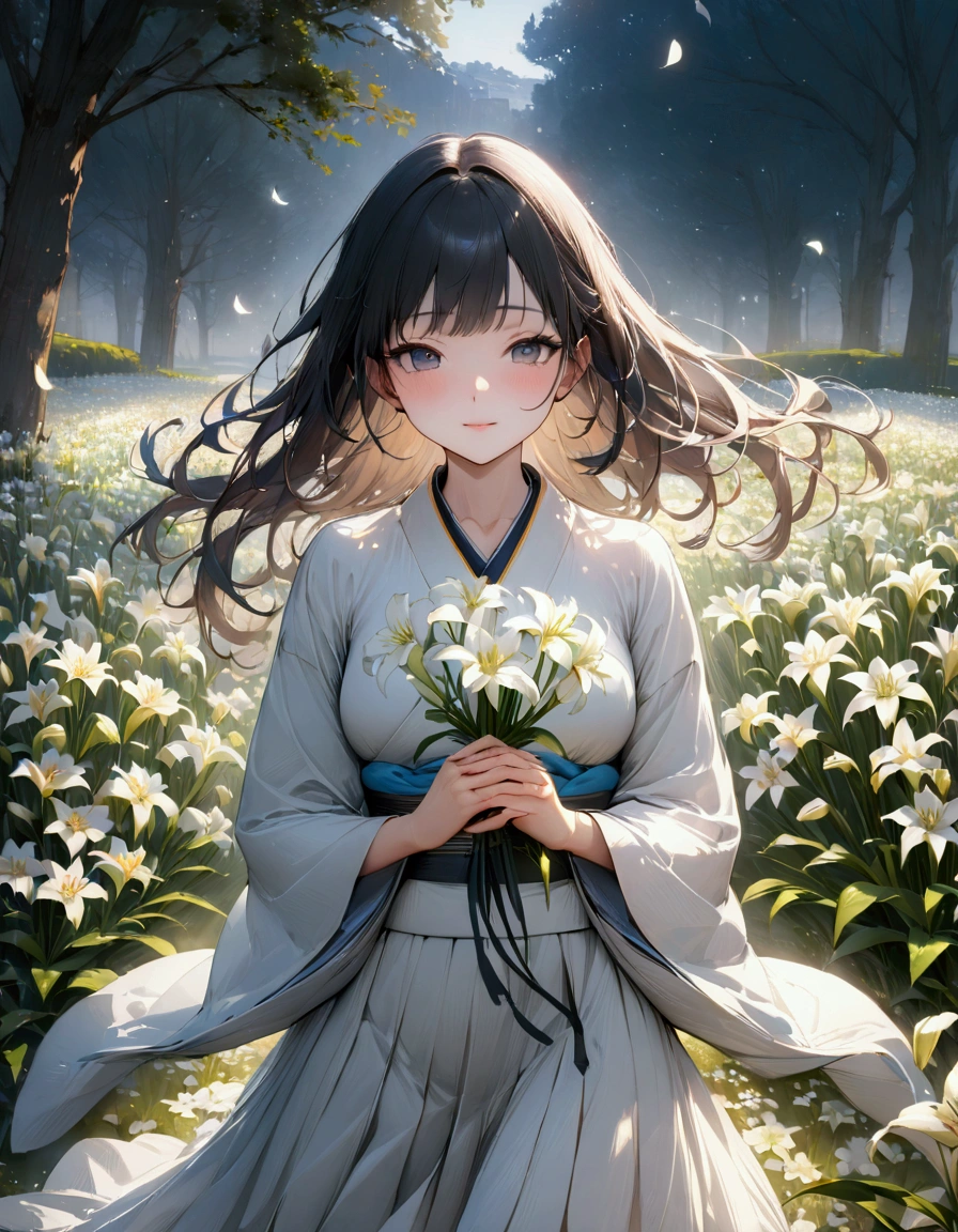 (masterpiece:1.3),(最high quality:1.4),(Very detailedな:1.5),High resolution,Very detailed,8k,artwork,High level of detail,rendering,high quality,Wide range of colors,A cinematic sight, Breathtakingly beautiful lily fields, 1941 year、A Japanese manga depicting a couple holding hands while admiring a flower field,Kimono Pose、 Lily petals dancing in the wind、Move。