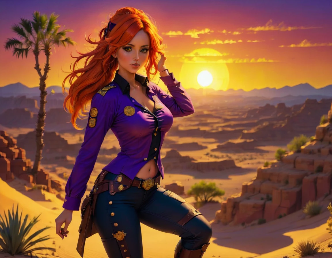 an oil painting of woman cowboy standing on the desert mountain at sunset, watching the desert canyon, an exquisite beautiful woman, most beautiful woman, blond hair, long hair, in a pony tail, ultra detailed face, best detailed face, wearing button shirt, dynamic color, small cleavage, wearing trousers, dynamic color, wearing high heeled boots, (silhouette art: 1.3), she has a lasso, sun set, sun rays, sky in shades of purple, red, orange and yellow. vibrant colors of sky, Hyperrealism style, vibrant, Ultra-high resolution, High Contrast, (masterpiece:1.5), highest quality, Best aesthetics), best details, best quality, highres, ultra wide angle, 16k, [ultra detailed], masterpiece, best quality, (extremely detailed) RAW, chumbasket art style, oil pastel, silhouette
