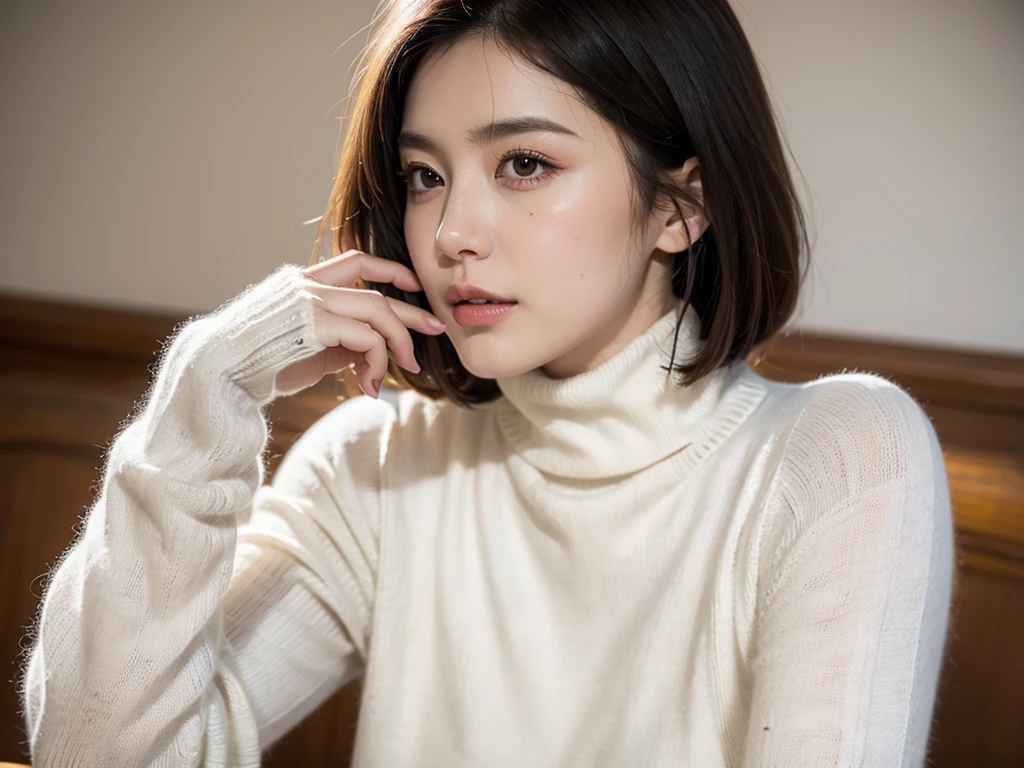 (((masterpiece, best quality,ultra-detailed,8k,high resolution))), (upper body),24 years old ,Japanese girl, 1girl, short hair,turtleneck sweater,(((grabbing turtleneck collar))), (Half a face out of a turtleneck sweater:1.9)