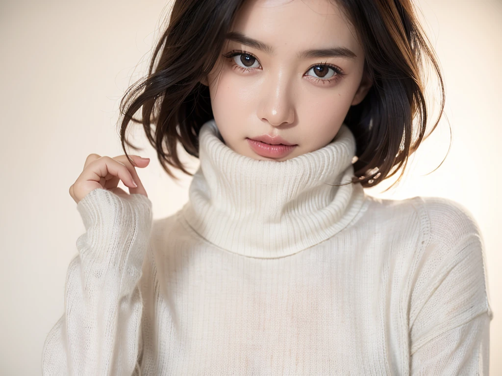 (((masterpiece, best quality,ultra-detailed,8k,high resolution))), (upper body),24 years old ,Japanese girl, 1girl, short hair,turtleneck sweater,(((grabbing turtleneck collar))), (Half a face out of a turtleneck sweater:1.9)