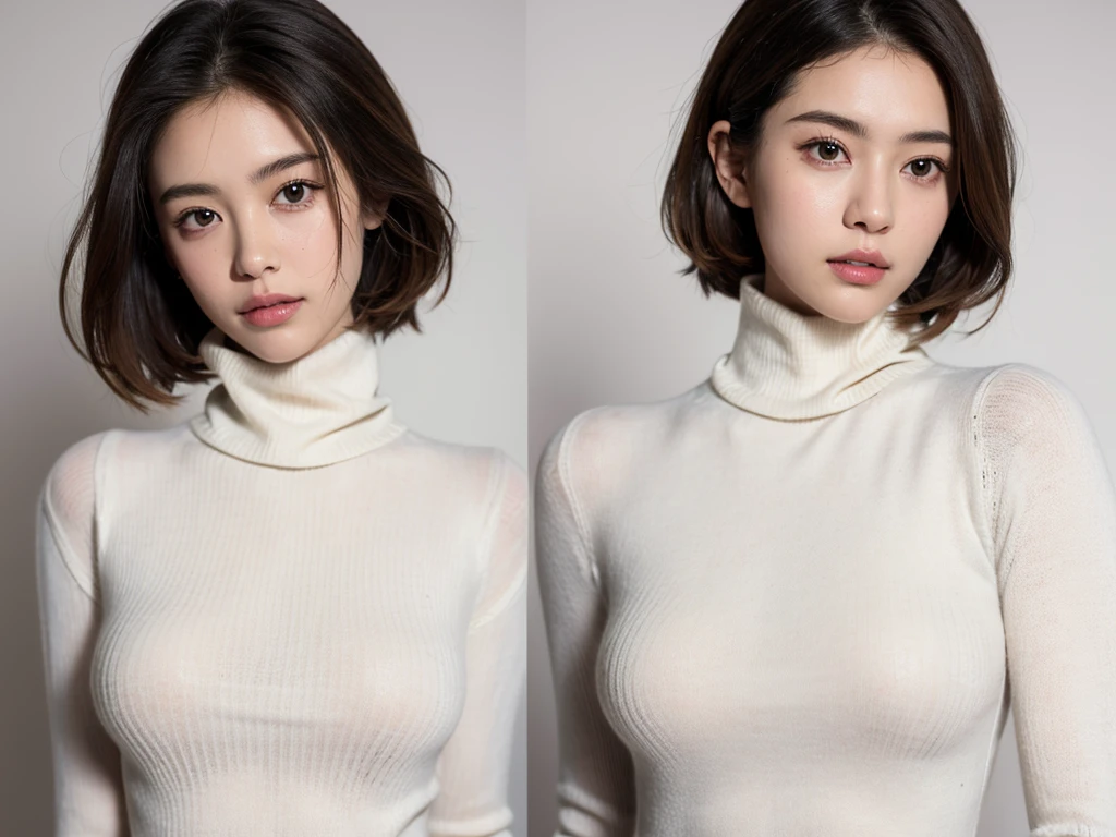 (((masterpiece, best quality,ultra-detailed,8k,high resolution))), (upper body),24 years old ,Japanese girl, 1girl, short hair,turtleneck sweater,(((grabbing turtleneck collar))), (Half a face out of a turtleneck sweater:1.9)