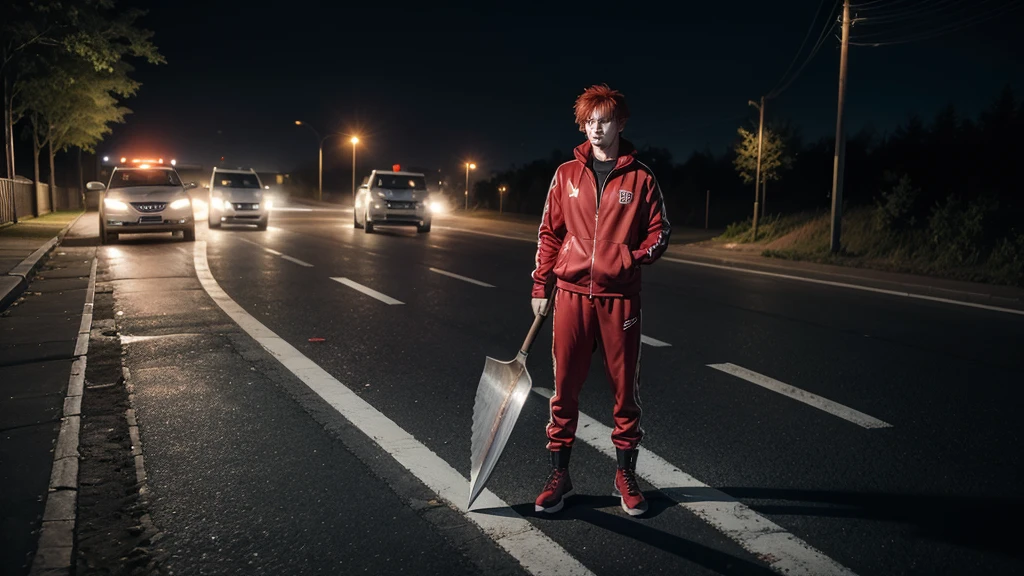 Red hair man, menacing look, wearing a track suit, wearing boots and holding a shovel in his hand, stopped in the middle of a road at night