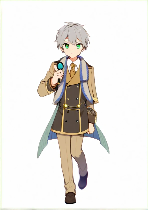 boy,,detective,gray hair,green eyes,detective服裝,hand holding magnifying glass,british night,The movements are energetic,Short shawl
