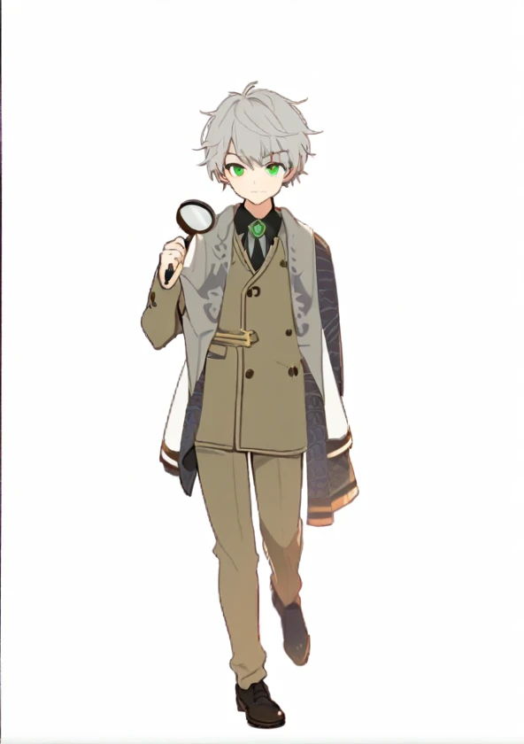 boy,17 years old,detective,gray hair,green eyes,detective服裝,hand holding magnifying glass,british night,The movements are energetic,Short shawl