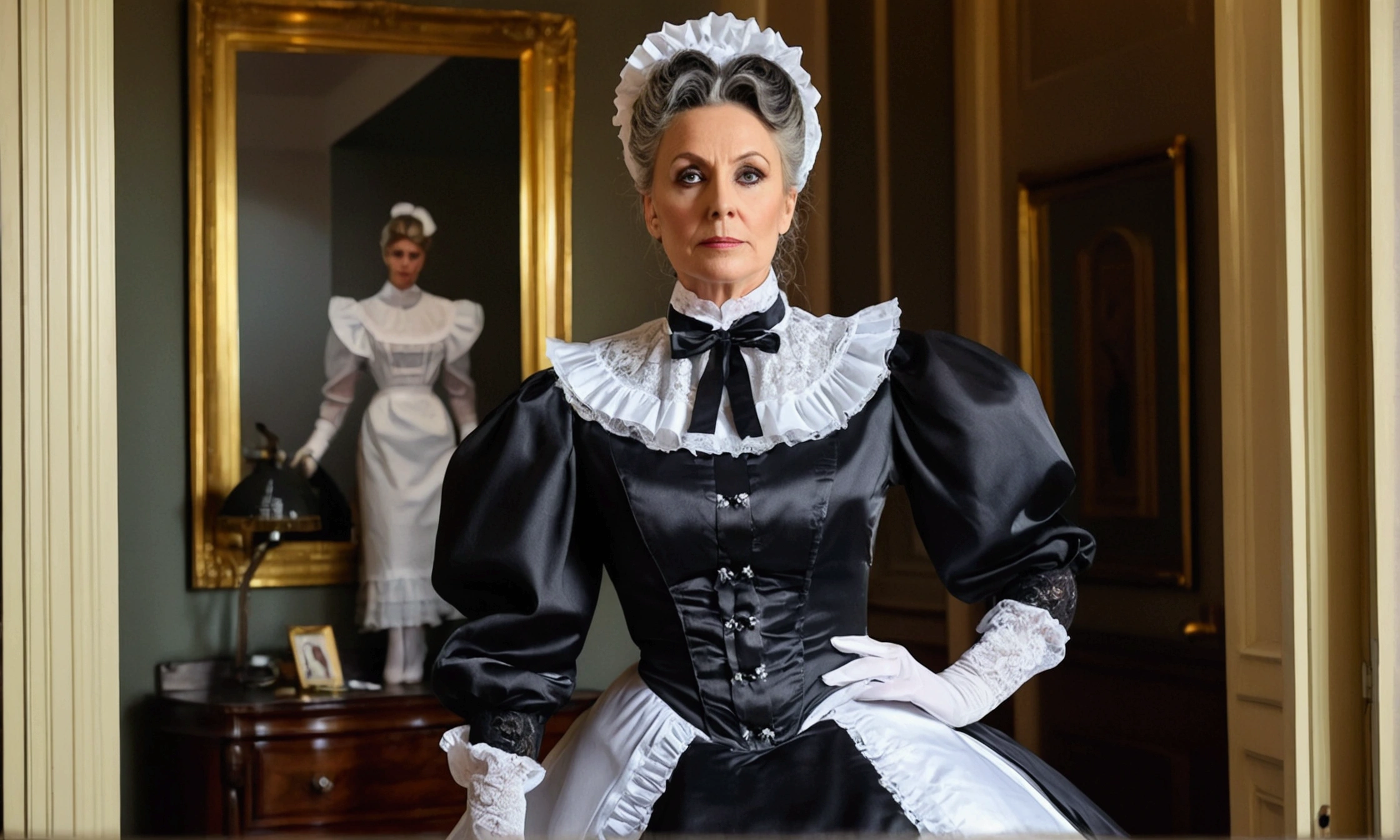 attractive mature lady with bold makeup and fantastic figure wearing a very stringent period correct Victorian maid uniform with massive crinoline, high neckline, tall collar and puff sleeves. heavy duty stiff shiny black satin and frilly white lace. at Carlton Towers guest suite. oblique view