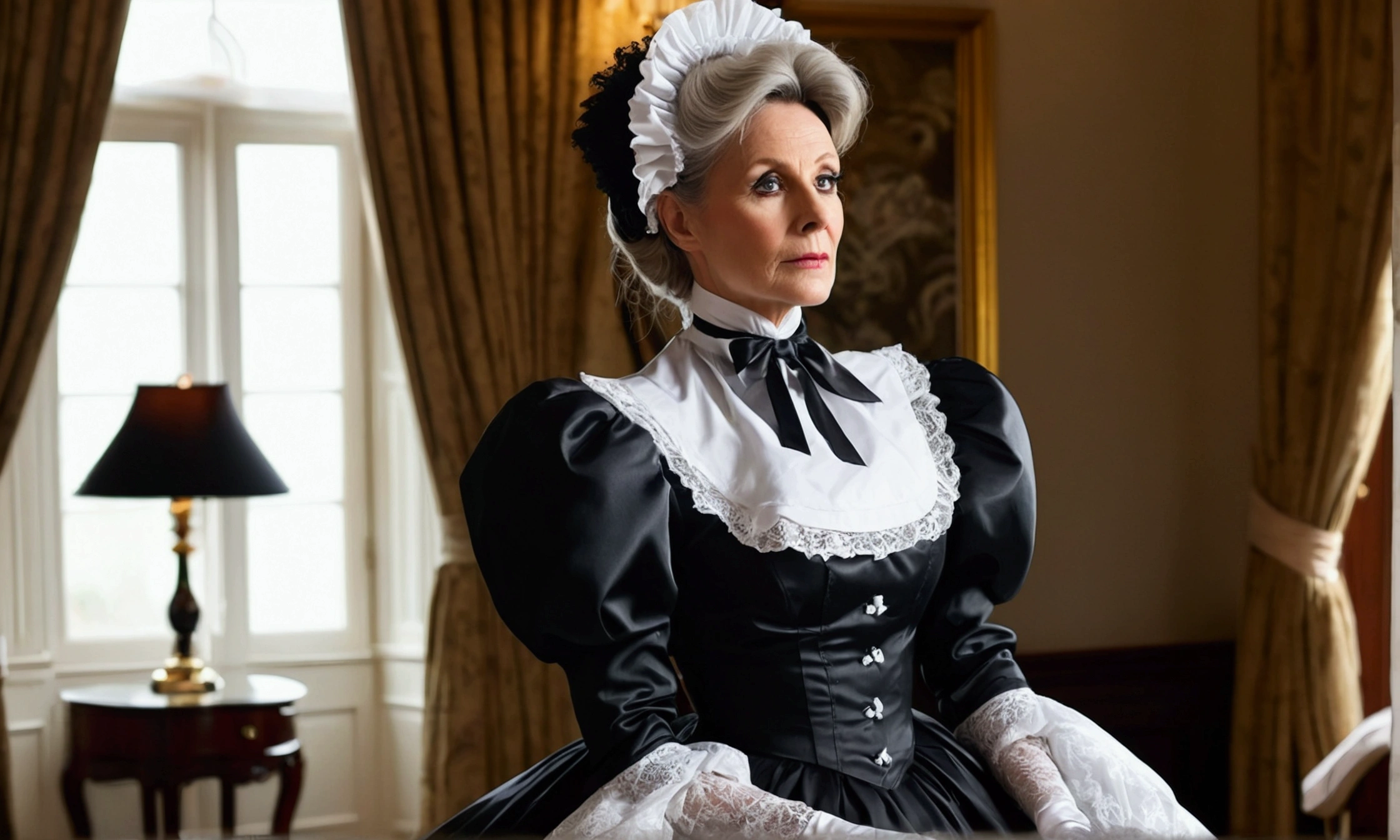 attractive mature lady with bold makeup and fantastic figure wearing a very stringent period correct Victorian maid uniform with massive crinoline, high neckline, tall collar and puff sleeves. heavy duty stiff shiny black satin and frilly white lace. at Carlton Towers guest suite. oblique view