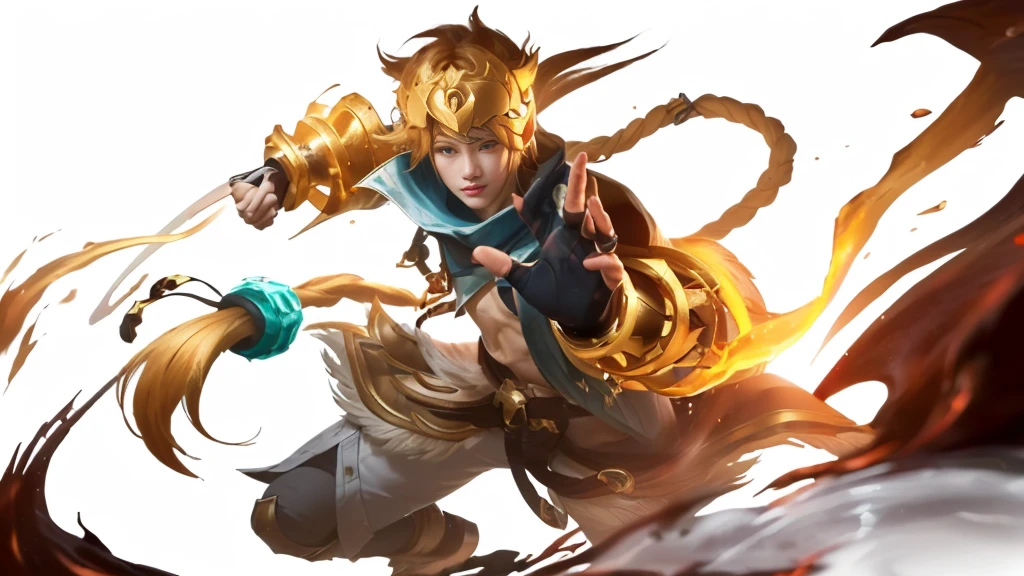 a close up of a person on a horse with a sword, wukong, sun wukong, tane skin, inspired by Yang Jin, ezreal (league of legends, heise jinyao, kda, arcane jayce, league of legends character, bian lian, lina, splash art, from league of legends, mobile legends, official splash art