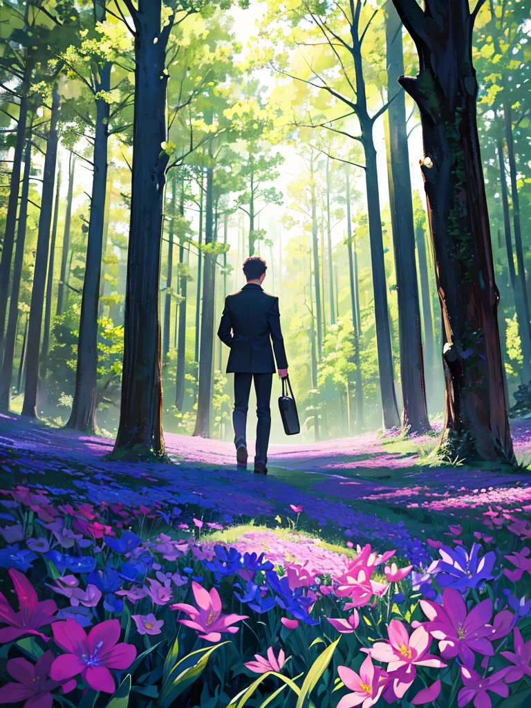 wilderness landscape flowers pictures cool tone, dramatic light, a boy and a man
