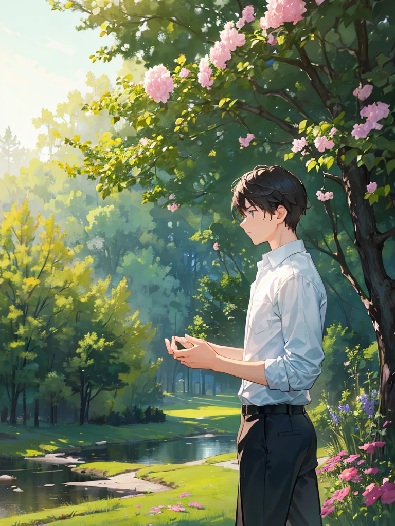 wilderness landscape flowers pictures cool tone, dramatic light, a boy and a man