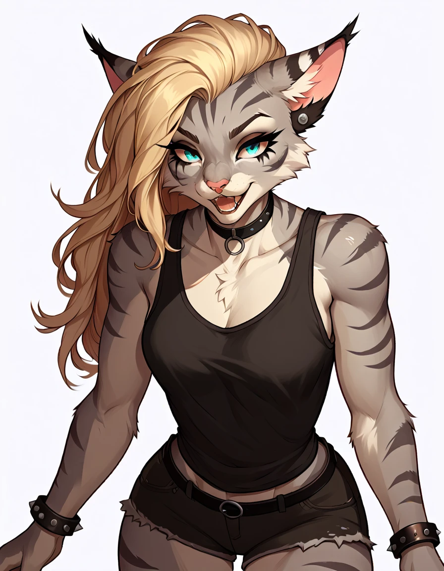 score_9,score_8_up,score_7_up, score_6_up, score_5_up,source_anime, Kat, Anthro furry feline, silver fur, grey stripes on body, blue eyes, furrowed eyebrows, open mouth, long blonde hair, undercut hair, one side of hair shaved, pink nose, :3, female, wearing black tank top, heavy metal band shirt, black Jean short shorts, black studded bracelets, choker, nose ring, black mascara, gauged ears, 🤟🤘, simple white background