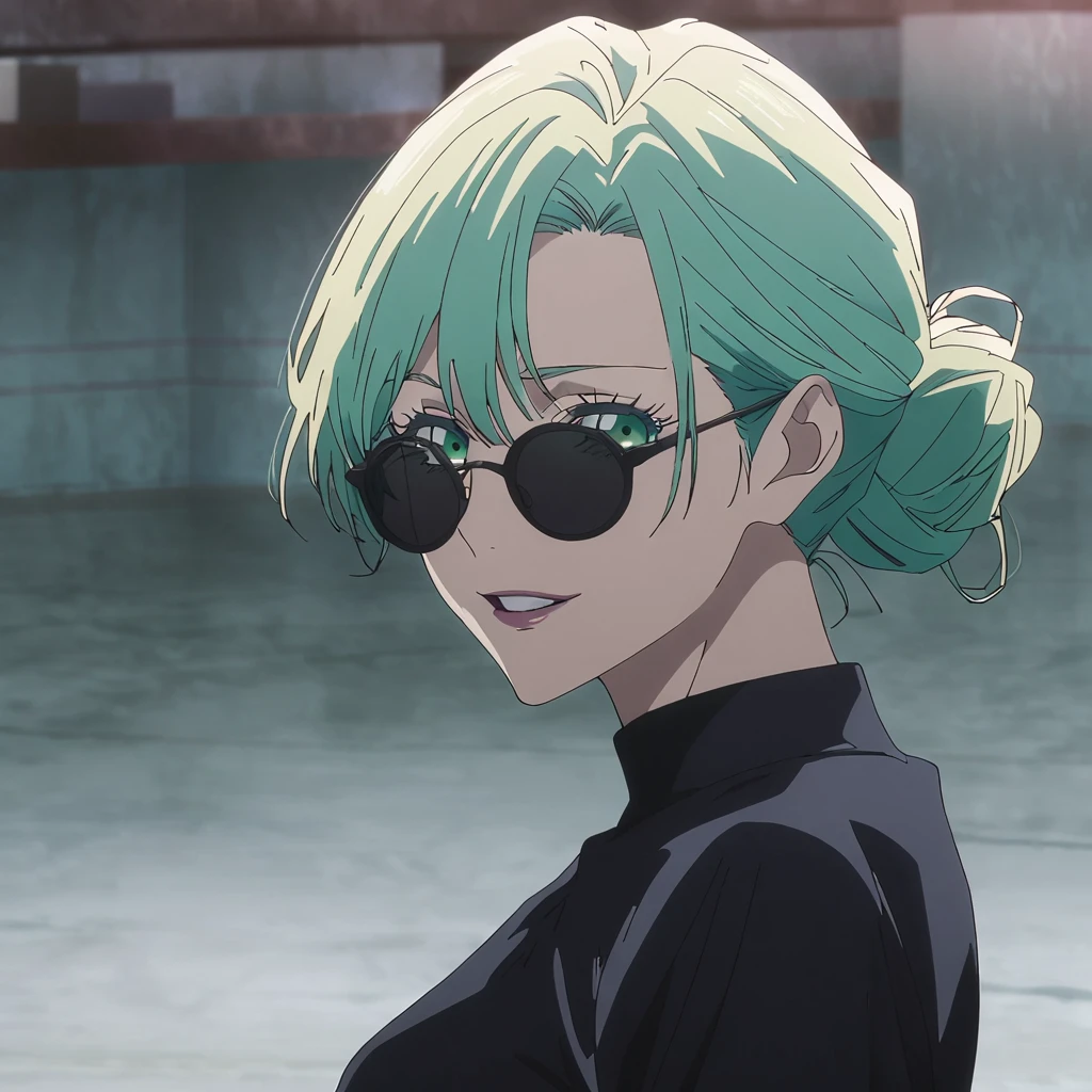 1girl, female gojo satoru, anime screencap from jujutsu kaisen, gojo satoru female version, solo, long_Green hair, hair strands, hair bun, black round sunglasses, Green Eyes, parted_lips, smiling, looking_at_viewer, perfect background, indoors, side view, white_hair, bangs, eyelashes, (prom night outfit), hair_between_eyes, floating hair, (hair strands), party hall