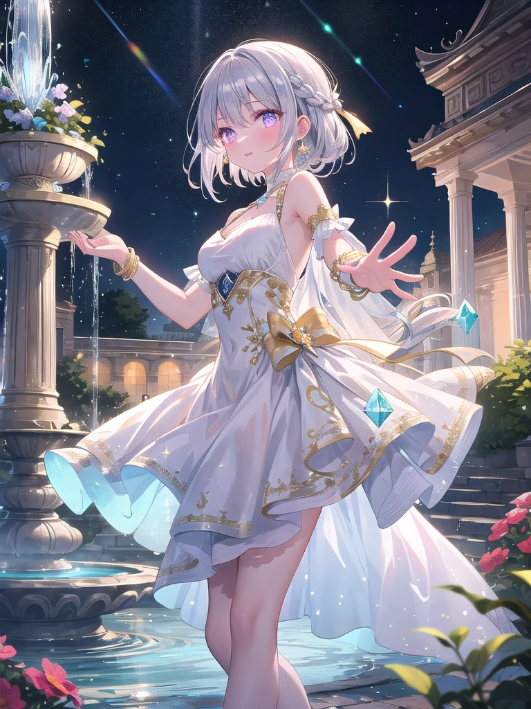 ((8k, best quality, master piece: 1.3)),super high resolution,(1 girl, solo), (colorshift eyes, hyperdetailed, expressive sparkling, glitter, glowing eyes), ultra detailed eyes, ultra-detailed face, random hair, ((pastel color)),A silver-haired woman is dancing in the courtyard of an ancient temple. She is wearing a luxurious silk dress embroidered with gold and red, and a beautiful garden and fountain are in the background. The dress shines brilliantly in the light. She is dancing, her silver bracelets sparkling on her arms. Magical lights surround her, illuminating the entire garden with a fantastical glow. Her braided silver hair sways with the movements of her dance, and her translucent skin reflects the light beautifully. Her eyes are a shining purple, and her magical powers are concentrated in her dance. Her graceful dancing figure is captivating, and she is painted to be one with the garden in the background, creating a fantastical atmosphere, A dazzling scene with crystal light reflections creating a prismatic effect. The light passes through and refracts in various directions, casting colorful spots and highlights throughout the image. The main subject is bathed in soft, ethereal light that enhances their features and adds a mystical touch.
