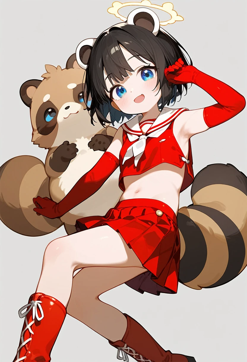 little_girl,little_body,loli_tsubaki, blue eyes, black hair, short hair, raccoon ears, halo, red serafuku, crop top, sleeveless, sideboob, midriff, red skirt, pleated skirt, geta boots, red gloves, elbow gloves, cute