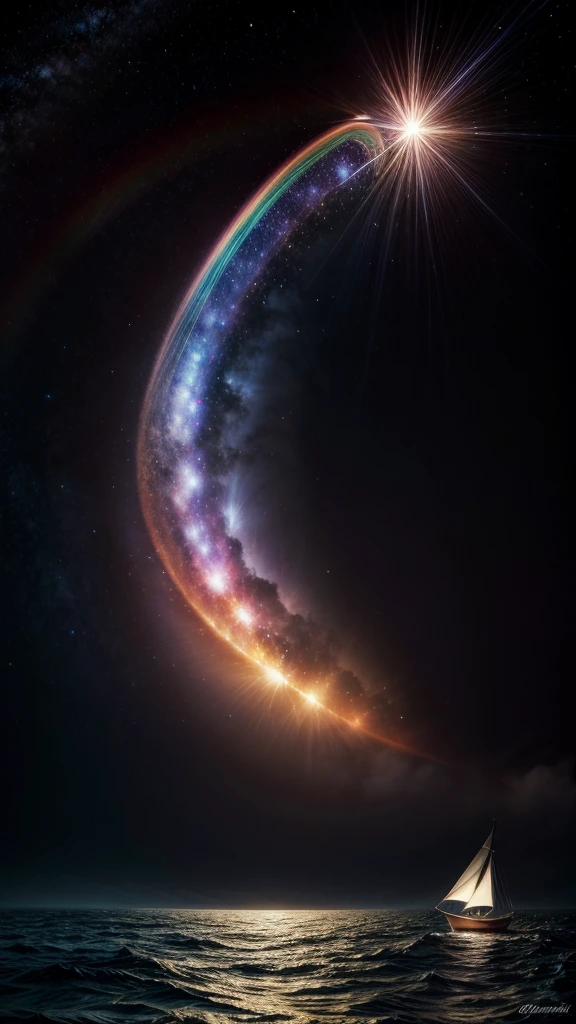 black hole swallowing rainbows in the middle of the universe of stars, sailing boat, old portuguese style, sailing no rainbow