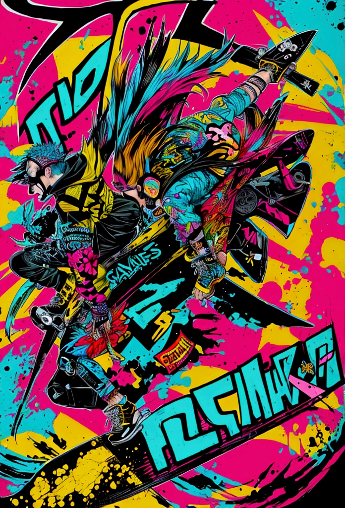street art cartel chaos punk graffiti, Full image, high resolution, high contrast. Bright colors tropical punk graffiti poster, surf Punks, chaos people, disorder, Puerto,, vacuum aberration, graffiti colors, skates, surfer, Puerto olas, Mar, The same, MISSING. Cartel punk, boats, bread, greffetti, Punks
