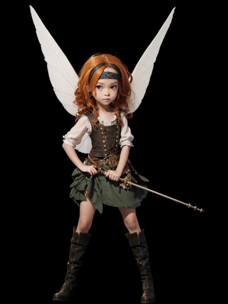A beautiful fairy, with a band on the forehead, in pirate clothes, white wings, hair orange