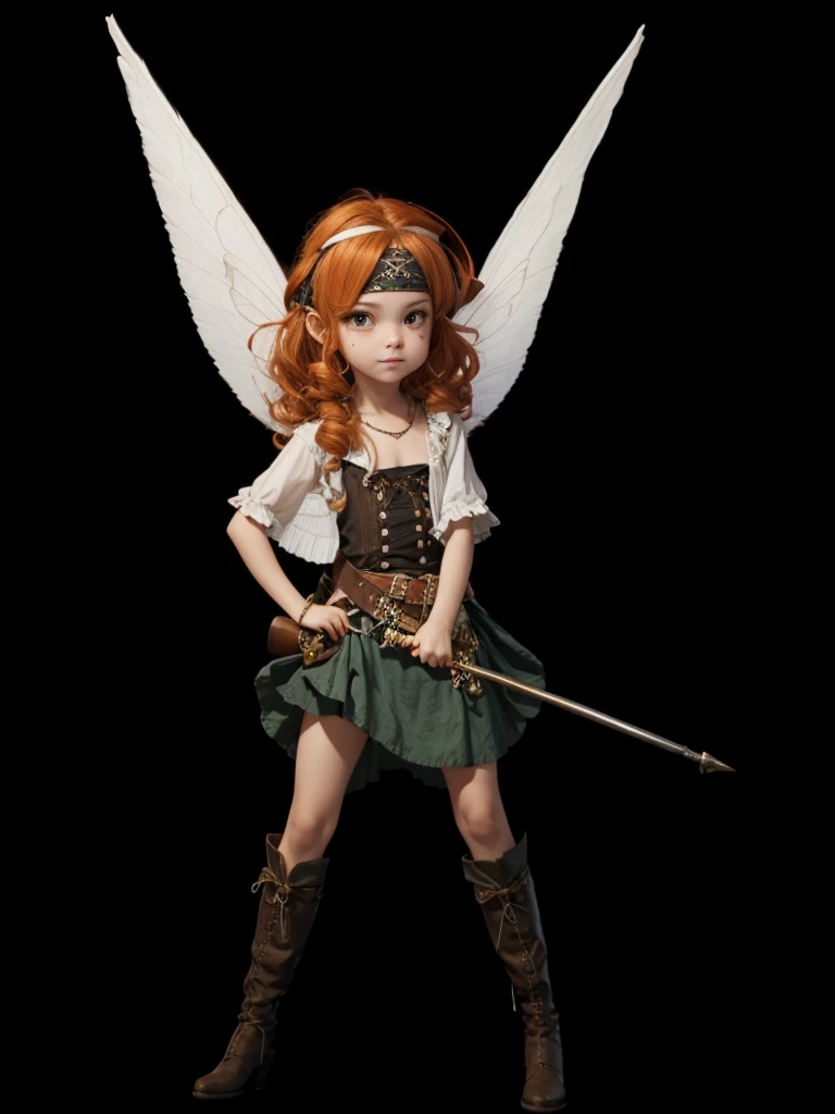 A beautiful fairy, with a band on the forehead, in pirate clothes, white wings, hair orange
