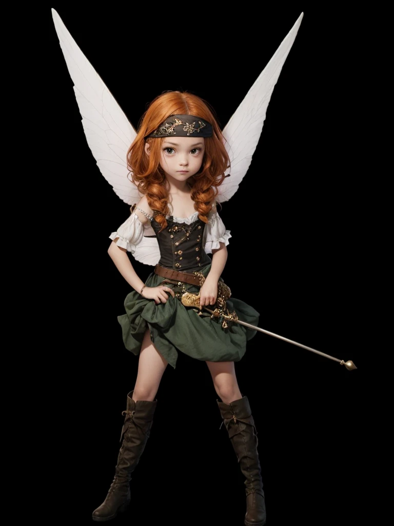 A beautiful fairy, with a band on the forehead, in pirate clothes, white wings, hair orange
