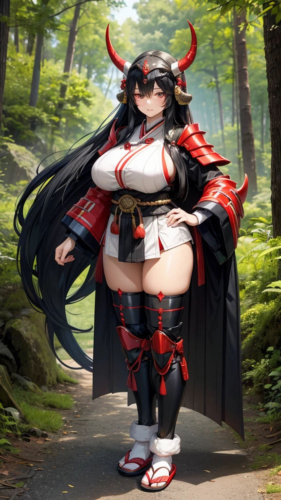 Elderly woman with long black hair and huge breasts,double horns,japanese helmet,Japan Armor,slim figure,One-piece swimsuit,Bare Legs,White socks,slippers,Standing,forest