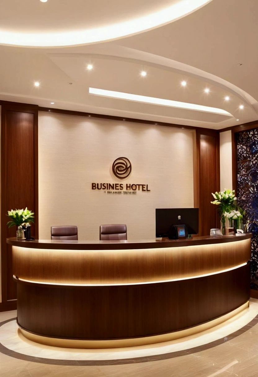 Business hotel front desk。Simple and modern design。On a wooden counter、Computers and phones are neatly arranged。Staff wear formal uniforms、Welcoming customers with a smile。The lobby has comfortable chairs and tables.、Business guests relaxing。The lighting is bright and functional.、Overall it is clean。
