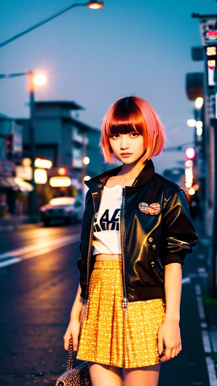 Girl with a flamboyant appearance and rebellious attitude, Japanese yankee, lone girl, bright and loud patterned clothes, extremely short skirt, gal style with emphasis on cuteness, light brown hair, thick eyeliner and flashy colored eye shadow, false eyelashes to make eyes look bigger and more impressive, dark makeup all around Hakodate seaside townscape background, evening, sunset