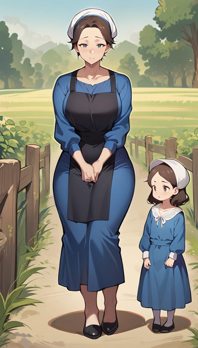 1woman, adult amish woman, 40 years old, pale skin, long sleeved blue dress with exposed collarbone, she wears small black apron over her blue dress, full body shown, very short brown hair, forehead exposed, big forehead, white bonnet kapp that covers a majority of her hair, wide hips, thick thighs, wearing simple black flats, slightly below the knee dress, slight face wrinkles, tight sleeves, standing upright in a farm field, no makeup, hands on lap, side view, aged face, busty, rosy cheeks, small sweat head on face