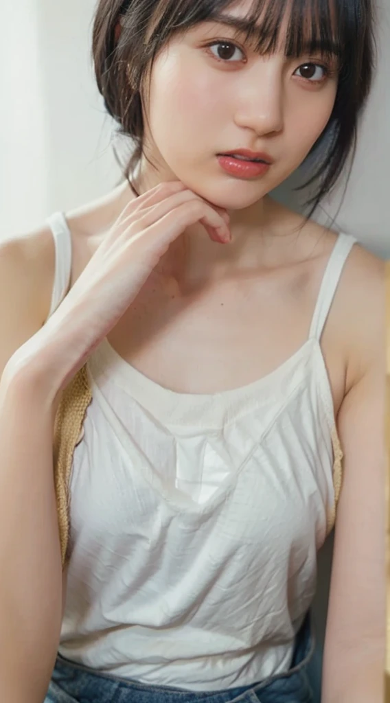 Lying in bed、((Extremely precise and accurate anatomy:1.0、Hands have five fingers、Five fingers on the feet)), (photo Realistic:1.4), (hyper Realistic:1.4), (最高品質のRealisticな肌の質感:1.4), (Improvement of quality:1.4), (Enhances the beauty of skin texture:1.1), Clean and glowing skin, mesh, thin:1.2, (Realistic:1.3), Realisticなライティング, (Smoother lighting:1.05), (Improving the quality of cinema lighting:0.9), Backlight, A gentle light on your face, Ray Tracing, (Bright light:1.2), 32K, One Japanese woman, fine grain, Detailed face, (Film Grain:1.1),(Accentuates body lines:1.1), High resolution, Natural look, Kind eyes, Improves hair quality, Delicate light and shadow, Transparent muscles, Graceful pose, Beautiful Eyes, Sharp details, Soft light reflection, Beautiful contours, Delicate skin tone, Fine hair texture, Natural background, Looks very lethargic、(((A loose-fitting camisole、The shoulder strap is off:1.52))),barefoot,One Girl,Realistic,Bedroom、Looks sleepy