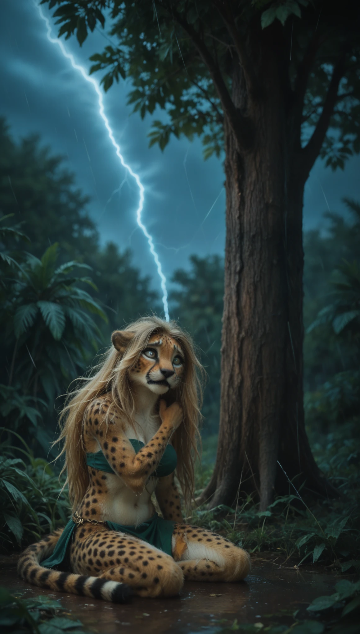 (zPDXL2), score_9, score_8_up, score_7_up, detaillora, source_anime, 2d, FURRY, anthro, 
female, anthro, [black panther:cheetah:0.3], (black fur), (hiding, seat under tree, scared face expression, Scared pose:1.35), (long hair, wheat blonde hair, wet hair, wet, wet sin, wet fur, wet tail, fluffy tail:1.5), cheetah ears, big breasts, attractive, (prehistoric cloth, topcloth, loincloth, wet cloth), ((athletic body, Curvy body)), thick hips, freckles, freckles on face, emerald green eyes, ((thunder, storm, lightning, tropical thunder, windstorm, wind, lightning, rainstorm, rain, night background:1.7)), 
AissistXLv2, unaestheticXL_bp5, SimplePositiveXLv2, zPDXL2 PonyXLV6_Scores