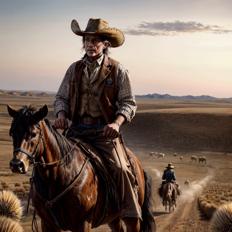 Photos of cattle drives and cowboys on horseback,
Wild West,Detailed,Several cowboys surrounding a cattle drive,
(Tumbleweed:1.2),
reality,live-action,Photorealistic,
masterpiece,Highest quality,8k,High resolution,Raw photo,Professional photography techniques,