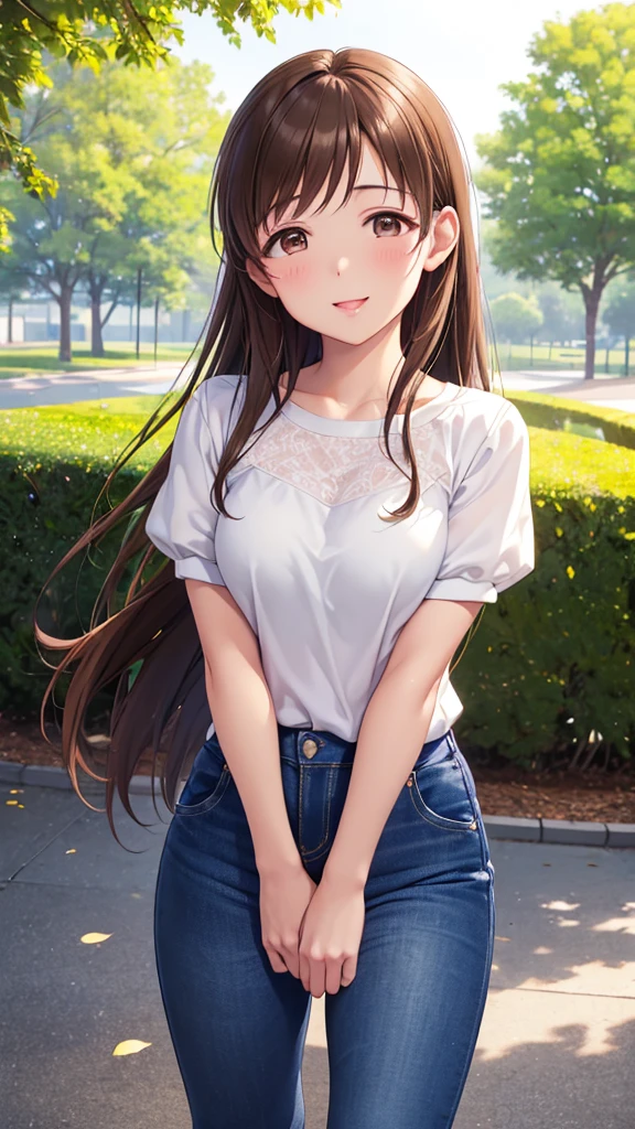 Highest quality、high resolution、High definition、HD、sports gym、(Nitta Minami、Long Hair、Medium chest、Brown Hair、Brown eyes、Glossy lips、Glowing Skin、Realistic skin texture、White blouse、Jeans Skirt、A walk in the park、Date)、Love me、blush、Open your mouth、smile)、(Top view)