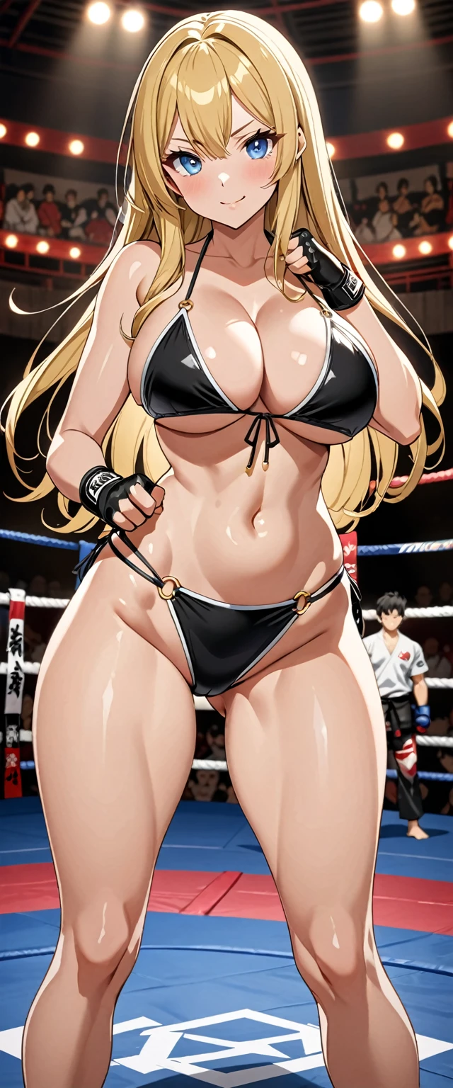 ((masterpiece)), ((high quality)), ((super detailed)), ((high resolution)) ,((8k)), a beautiful woman, ((She is one of the most famous female Gravure actress in the world.)), unparalleled beauty, ((huge breast)), ((large ass)), ((deep cleavage)), slim waist, chest out, ultra detailed face, perfect skin, (((Blonde straight hair))), blue eyes,  detailed eyes, whole body image, (((anime))), ((glamorous)), 24 years old, ((incredibly beautiful woman)), ((The I cup bust)),  ((((Black and White color Sling Bikini Ring Wear)))),  ((beautiful breasts)), beautiful legs, 8 life size, anime, the most beautiful and strongest, ((charm)), ((Half Japanese and half British)), ((Grown-up face)), ((Open Finger Gloves, Perfect fingers)),  (((Women's mixed martial arts,  A fighting arena))), ((Bewitching)), voluptuous pose, ((((Undefeated Champion)))), Provocative smile,