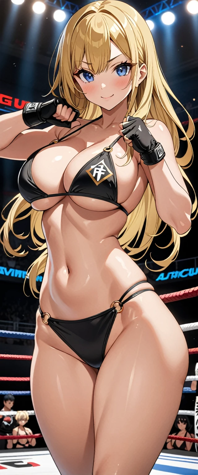 ((masterpiece)), ((high quality)), ((super detailed)), ((high resolution)) ,((8k)), a beautiful woman, ((She is one of the most famous female Gravure actress in the world.)), unparalleled beauty, ((huge breast)), ((large ass)), ((deep cleavage)), slim waist, chest out, ultra detailed face, perfect skin, (((Blonde straight hair))), blue eyes, detailed eyes, whole body image, (((anime))), ((glamorous)), 24 years old, ((incredibly beautiful woman)), ((The I cup bust)), ((((Black and White color Sling Bikini Ring Wear)))), ((beautiful breasts)), beautiful legs, 8 life size, anime, the most beautiful and strongest, ((charm)), ((Half Japanese and half British)), ((Grown-up face)), ((Open Finger Gloves, Perfect fingers)), (((Women's mixed martial arts, A fighting arena))), ((Bewitching)), voluptuous pose, ((((Undefeated Champion)))), Provocative smile,