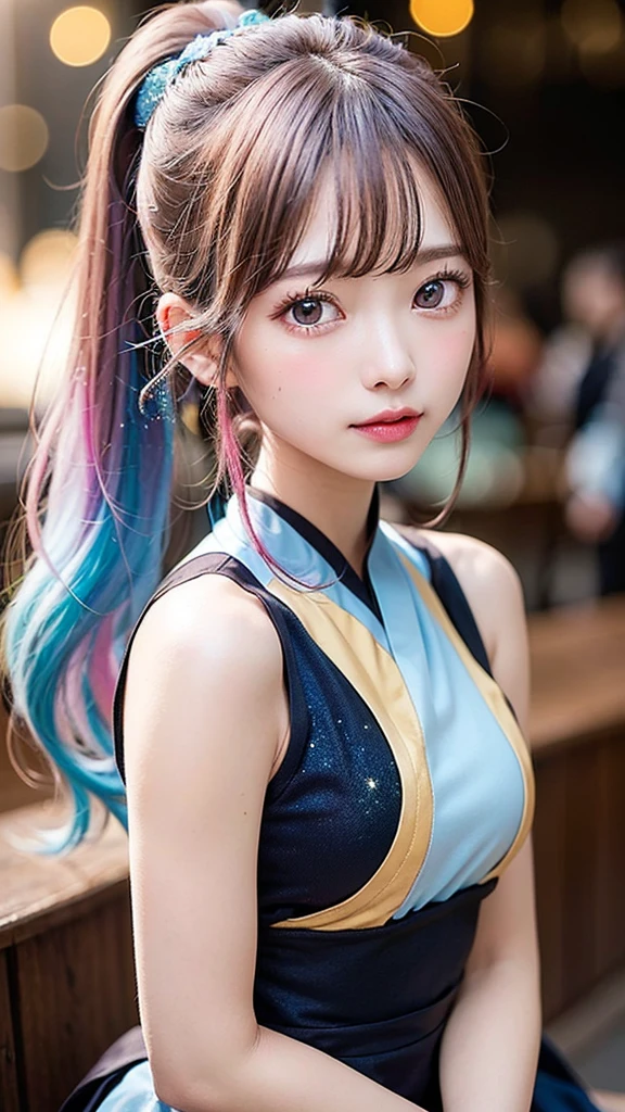 (masutepiece), (Best Quality), (super detailed), (Dirty hair), (Illustration), (1 girl) (Long pink hair 1.5) (Blue eyes) (Double ponytail 2.0), ((((No Shoulders))),Hanfu, (gaze at the audience, (interview), (Simple background), beautiful and delicate eyes, Delicate beautiful face, Soaring (High color saturation), (Colorful Glitter), Multicolor bubble, (Glitter), Facial accents, PerfectNwsjMajic, Conservative Clothes, Shoulderless, Autumn clothes, Facing the masses, Perfect figure,
