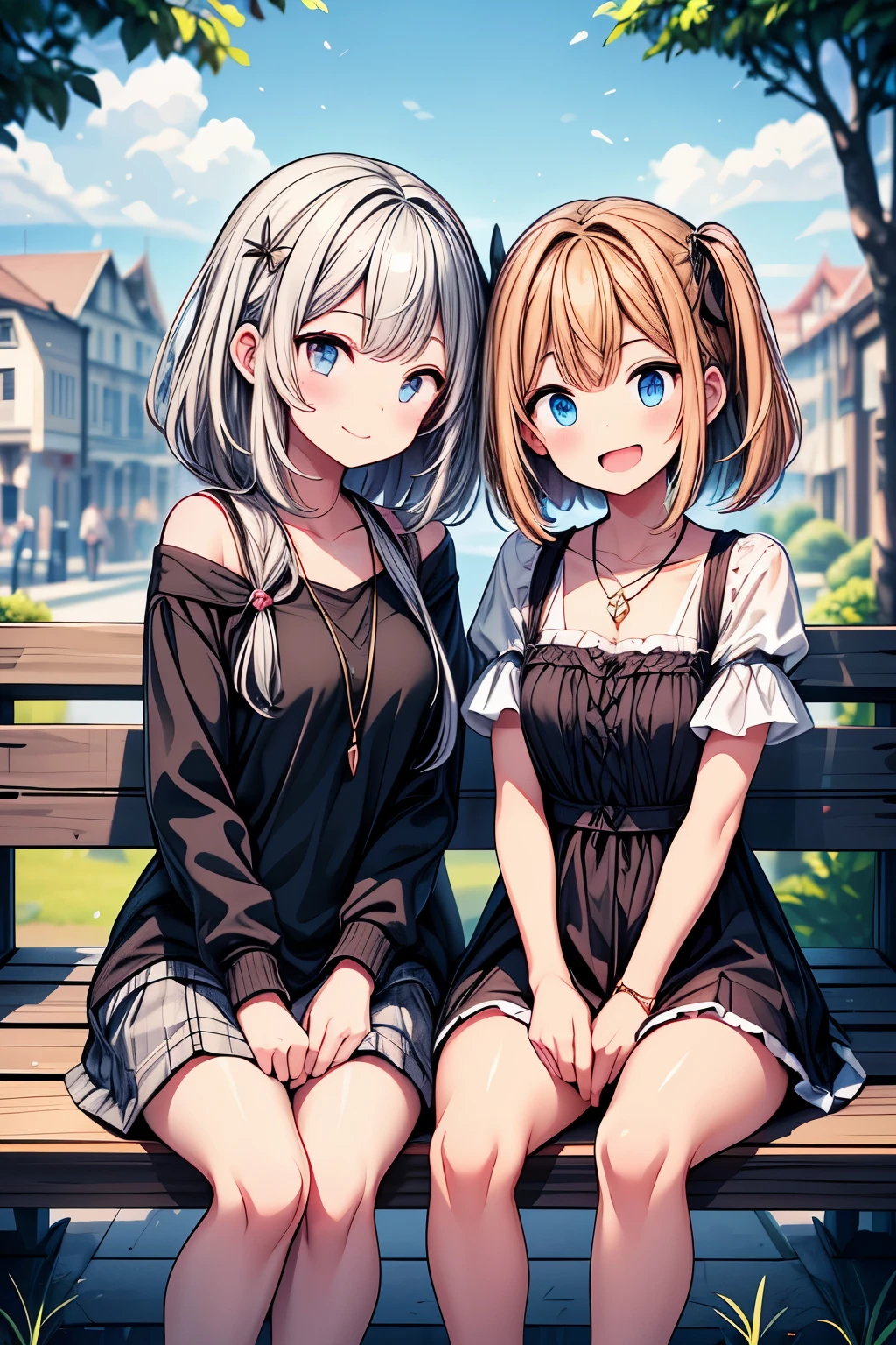 2 girls, sitting on a park bench, Sit and eat ice cream, とてもlol顔, Open your mouth, close ~ eye, lol, noon, Bright sky, masterpiece, 超High resolutionと鮮やかな色彩にこだわった, Very detailed, Attention to detail, Highest quality, 8k, 16K, Exquisite detail, A style that combines romanticism and realism, High resolution, Perfect Anatomy, blur background, Bokeh