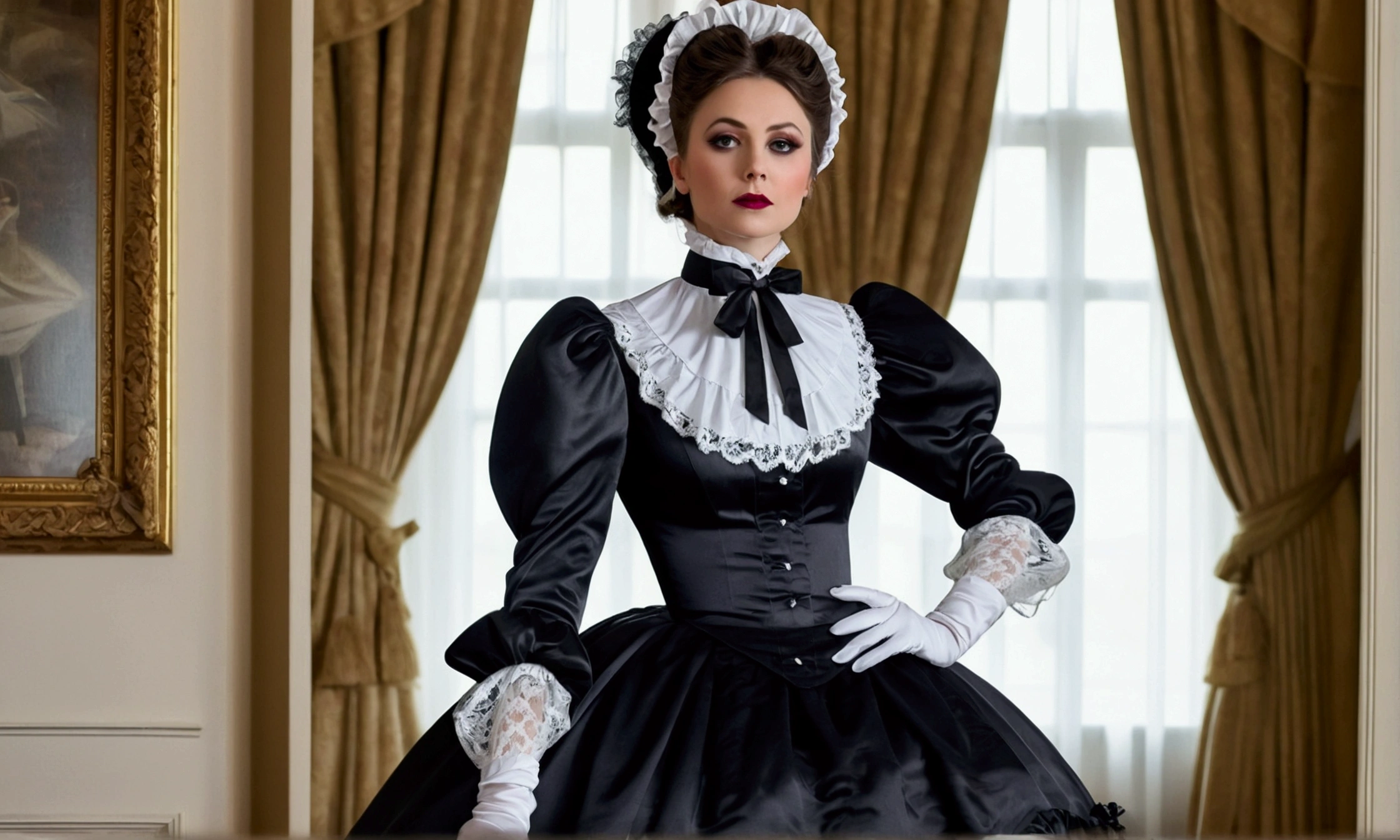 attractive lady with bold makeup and fantastic figure wearing a very stringent period correct Victorian maid uniform with massive crinoline, high neckline, tall collar and puff sleeves. heavy duty stiff shiny black satin and frilly white lace. at Carlton Towers guest suite. oblique view